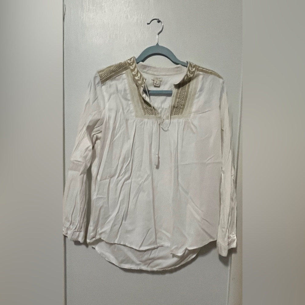 Medium White and Tan J. Crew Long Sleeve Blouse